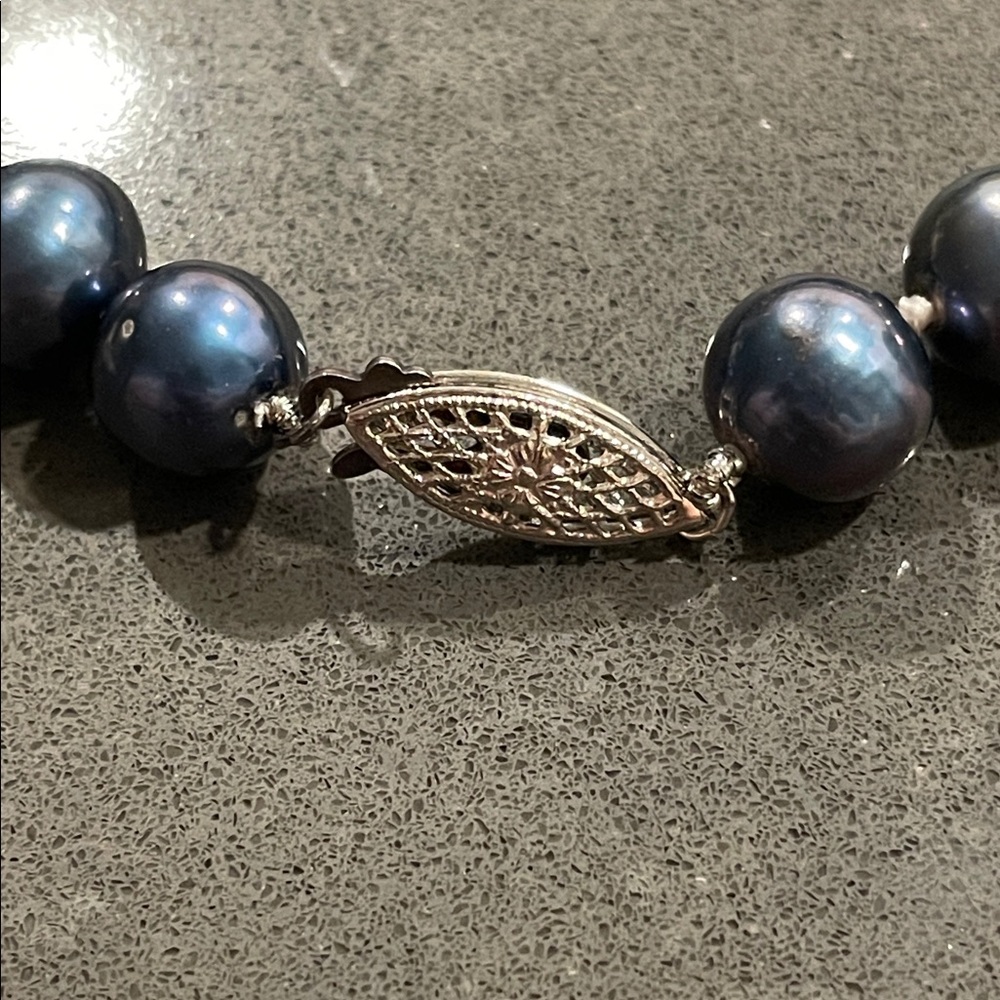 Blue Gray Pearl Necklace with 925 Silver Fish Hook Clasp - Picture 8 of 17